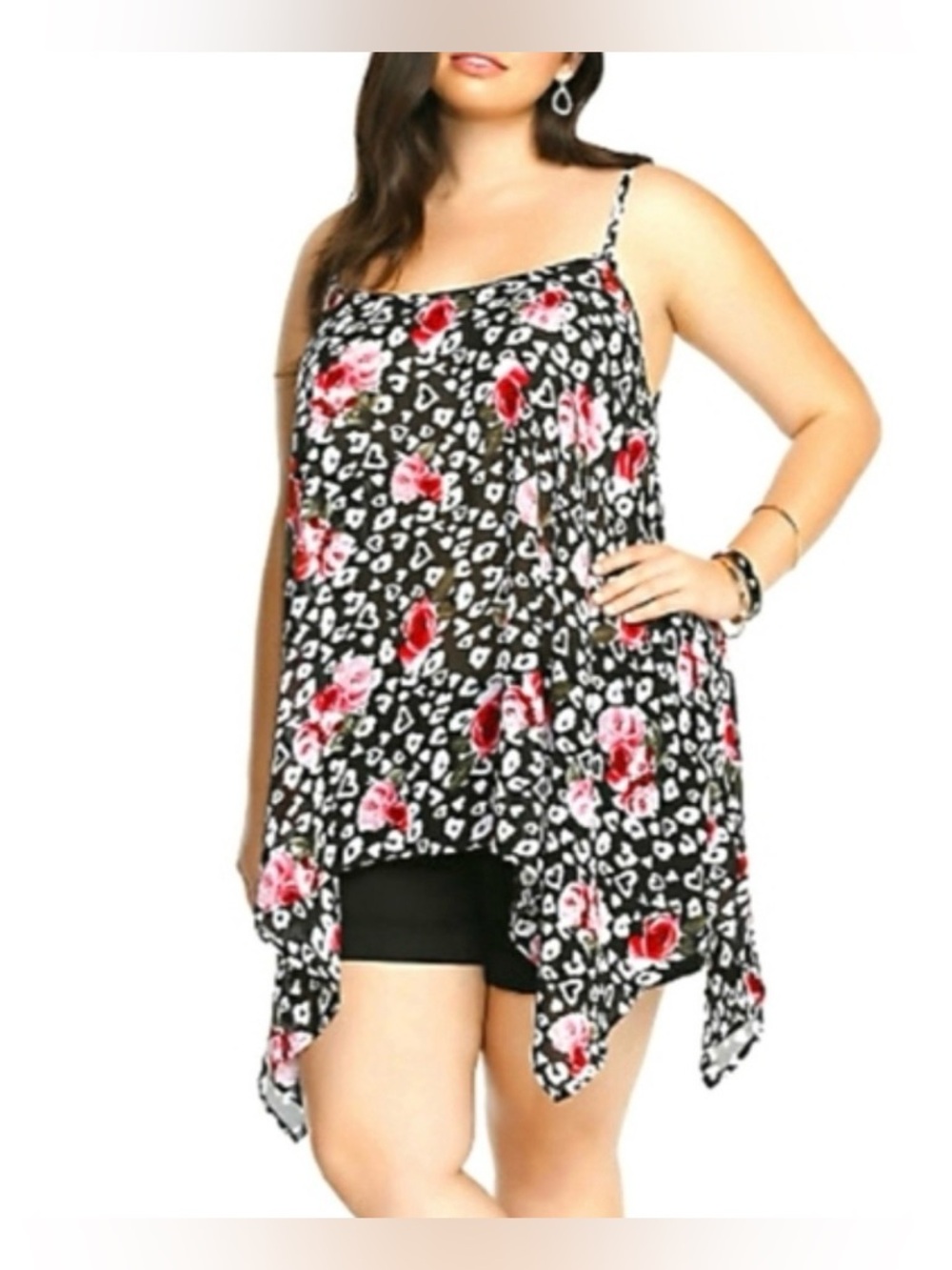 Torrid: Sharkbite Sheer Cami/ 1X / Black White Heart Leopard Spots With Flowers
